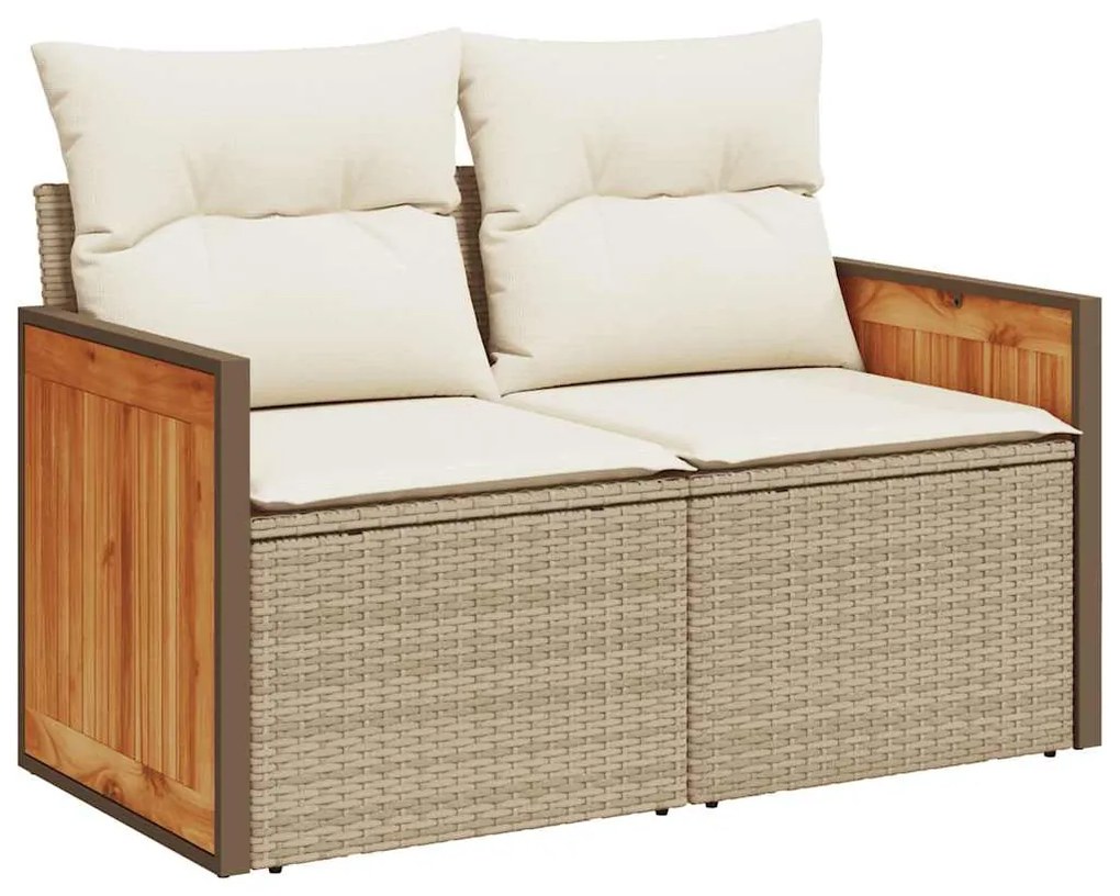 10 részes bézs polyrattan akácfa kerti ülőgarnitúra párnával