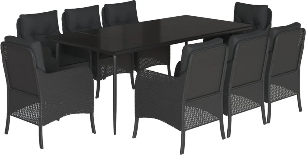 vidaXL 9 részes fekete polyrattan kerti étkezőgarnitúra párnákkal