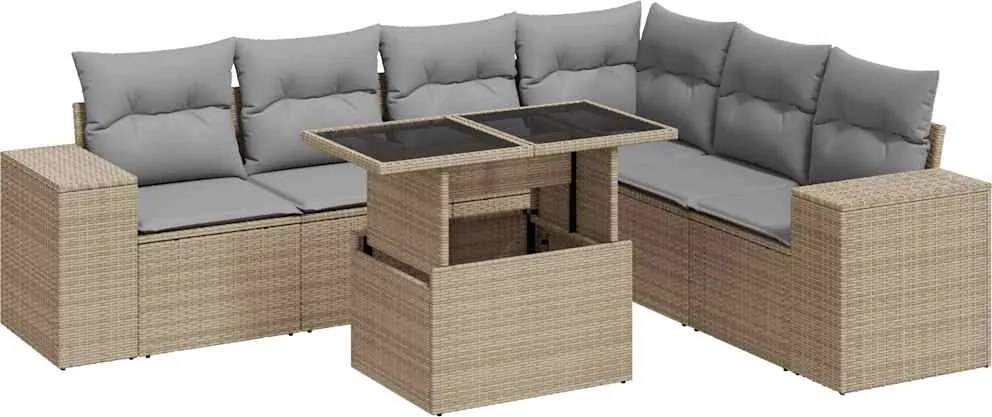 vidaXL 7 részes bézs polyrattan kerti ülőgarnitúra párnákkal