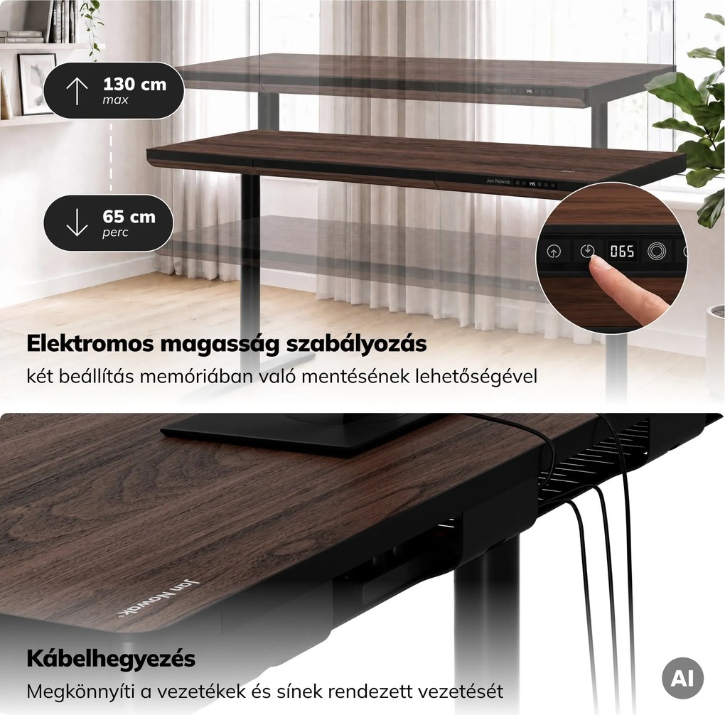 Elektromos ülő-álló íróasztal fiókkal és Qi vezeték nélküli töltővel fekete/dió, 1600 mm: ELLIS