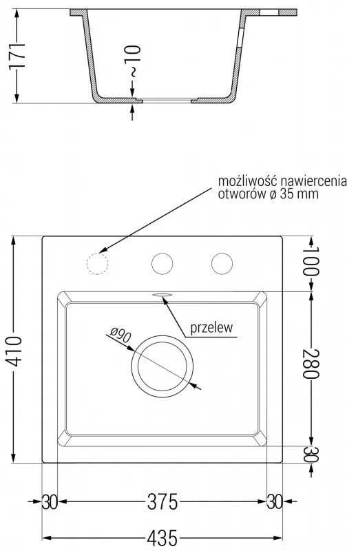 Mexen Milo, 1 kamrás gránit mosogató 435x410x171 mm és fekete Telma csaptelep, fekete, 6505-77-670200-70-B