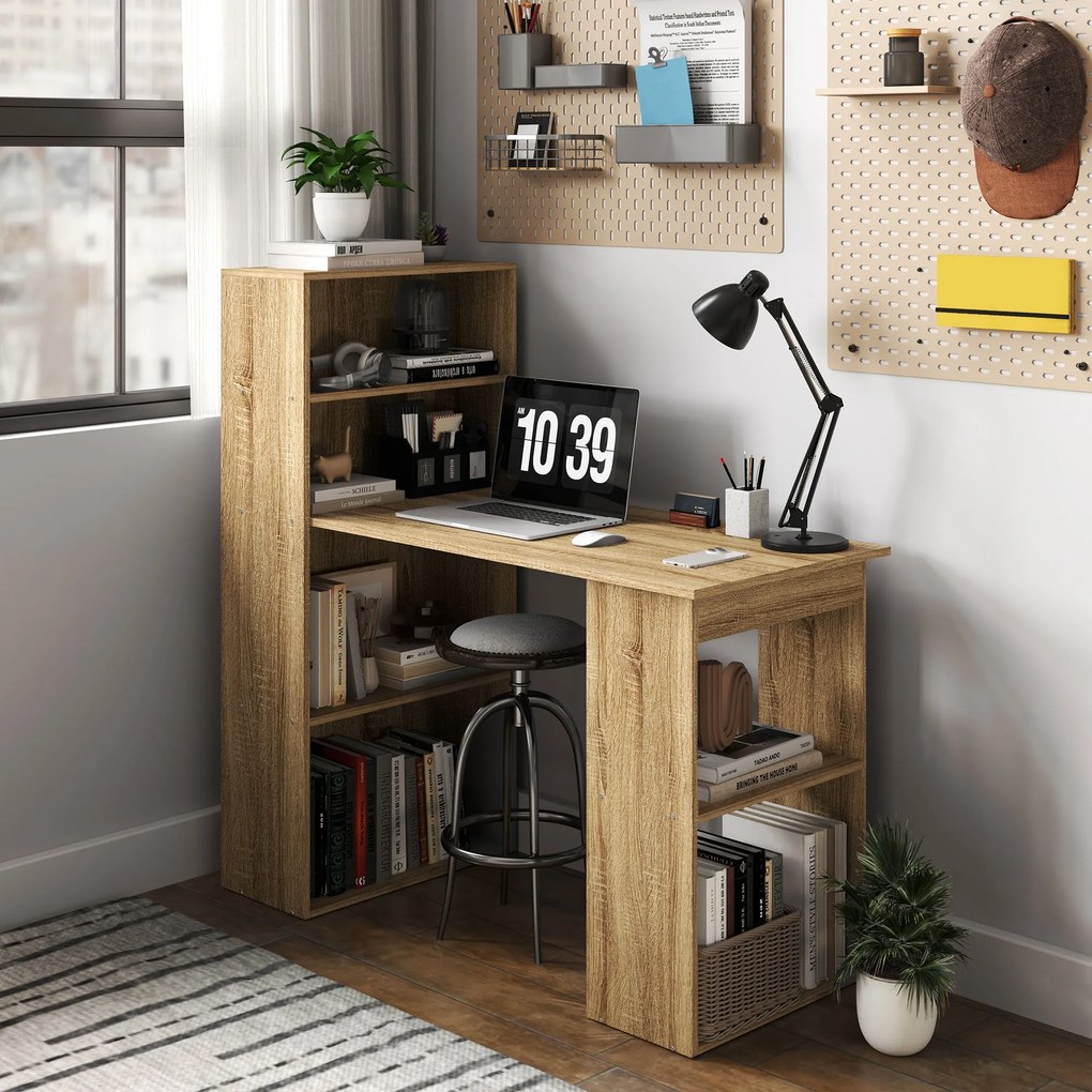 HOMCOM Számítógép Íróasztal Tárolóval, 6 Nyitott Rekesszel, Számítógép Asztal hálószobához és Stúdióhoz, 120 x 55 x 120 cm, Tölgy | Aosom