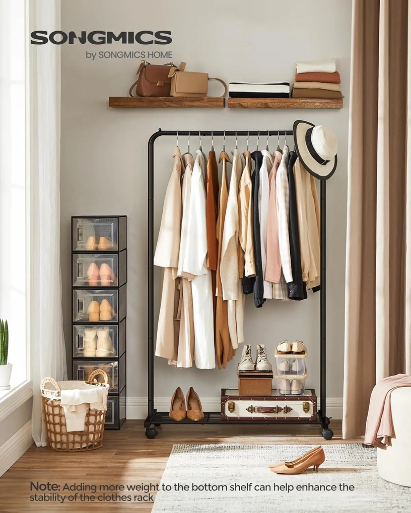 Fém ruhatartó kerekekkel, tárolópolccal, fekete