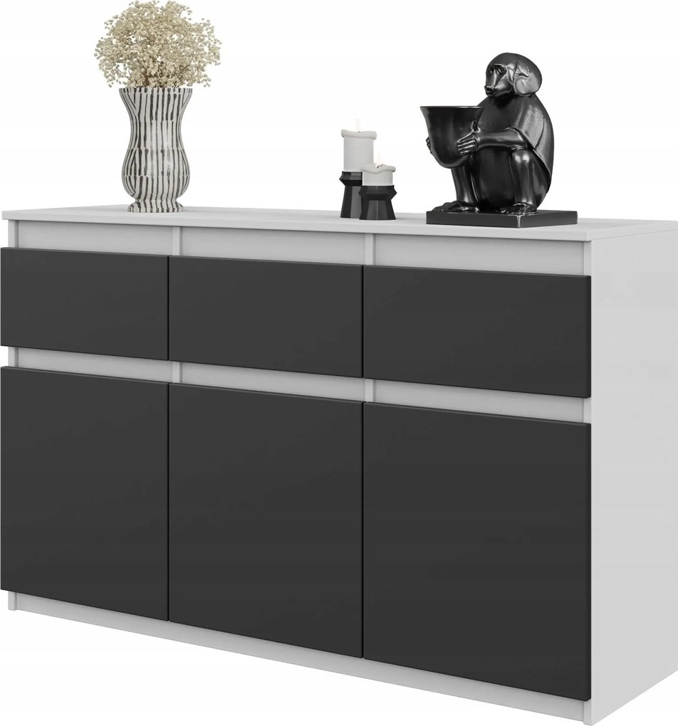 Noah Komód 120 cm Fehér Matt/antracit 3 Fiókos, 3 Ajtós, 3 Polcos Széles
