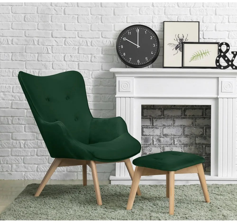 Sötétzöld bársony fotel lábtartóval Niko – Ropez