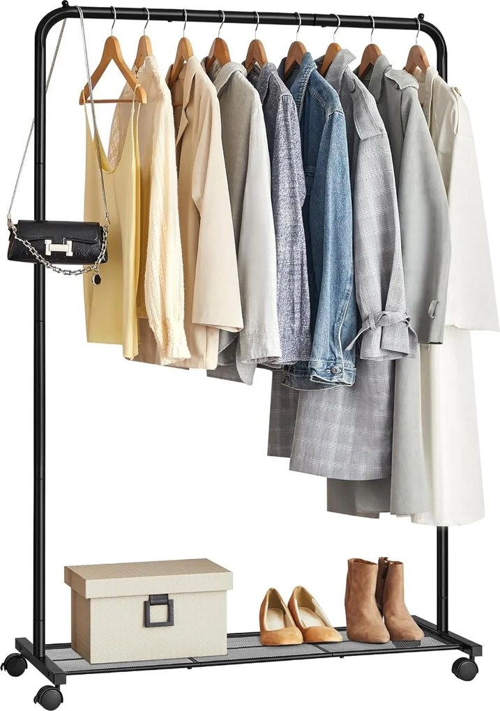 Fém ruhatartó kerekekkel, tárolópolccal, fekete