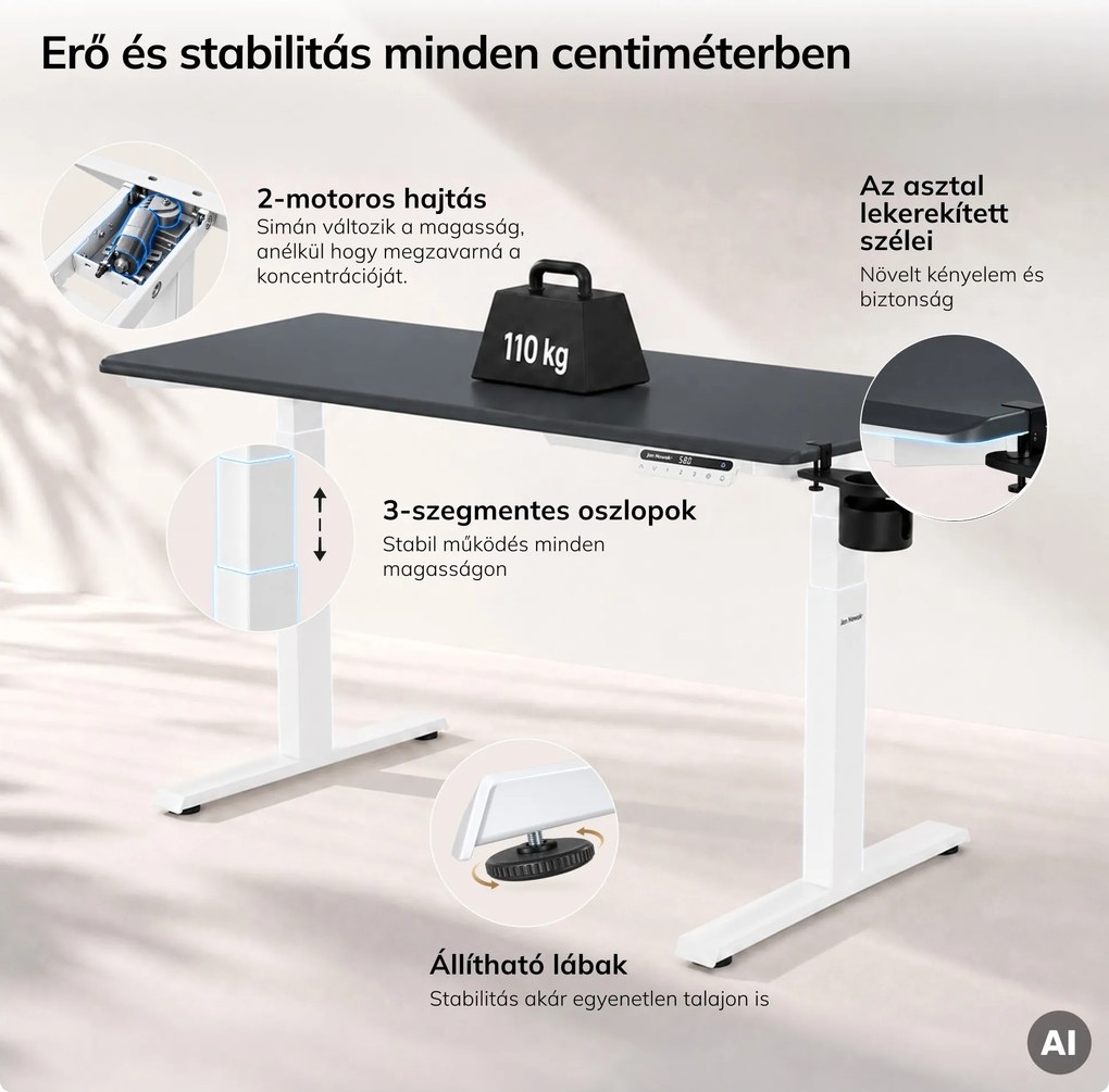 Elektromos, állítható magasságú, ergonomikus, fehér-antracit íróasztal,1400x700 mm: ARIA