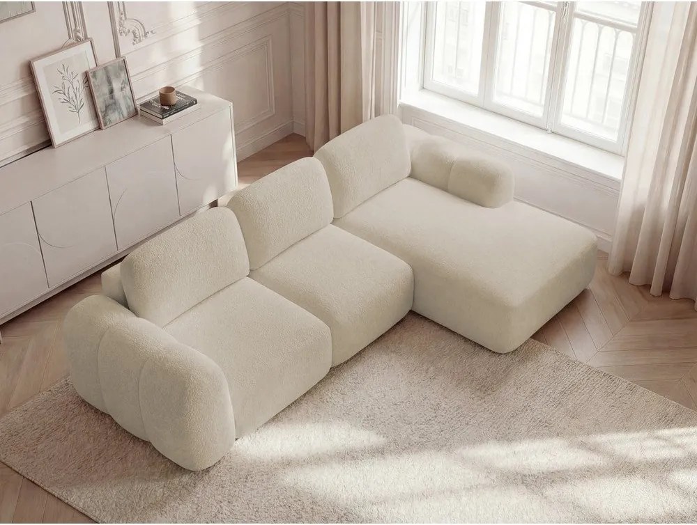 Bézs buklé kinyitható-tárolóhelyes sarokkanapé (jobb oldali-heverő résszel) Montaigne – Bobochic Paris