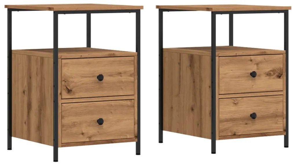 2 db kézműves tölgyszínű szerelt fa éjjeliszekrény 34x35,5x50cm