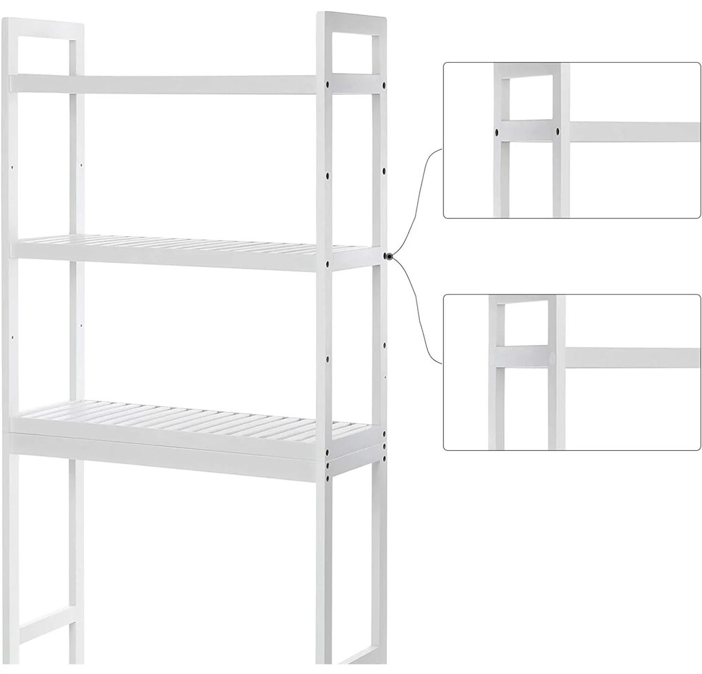 WC-polc, 3 szintes bambusz fürdőszobai polc,, 63 x 163 x 26 cm, fehér