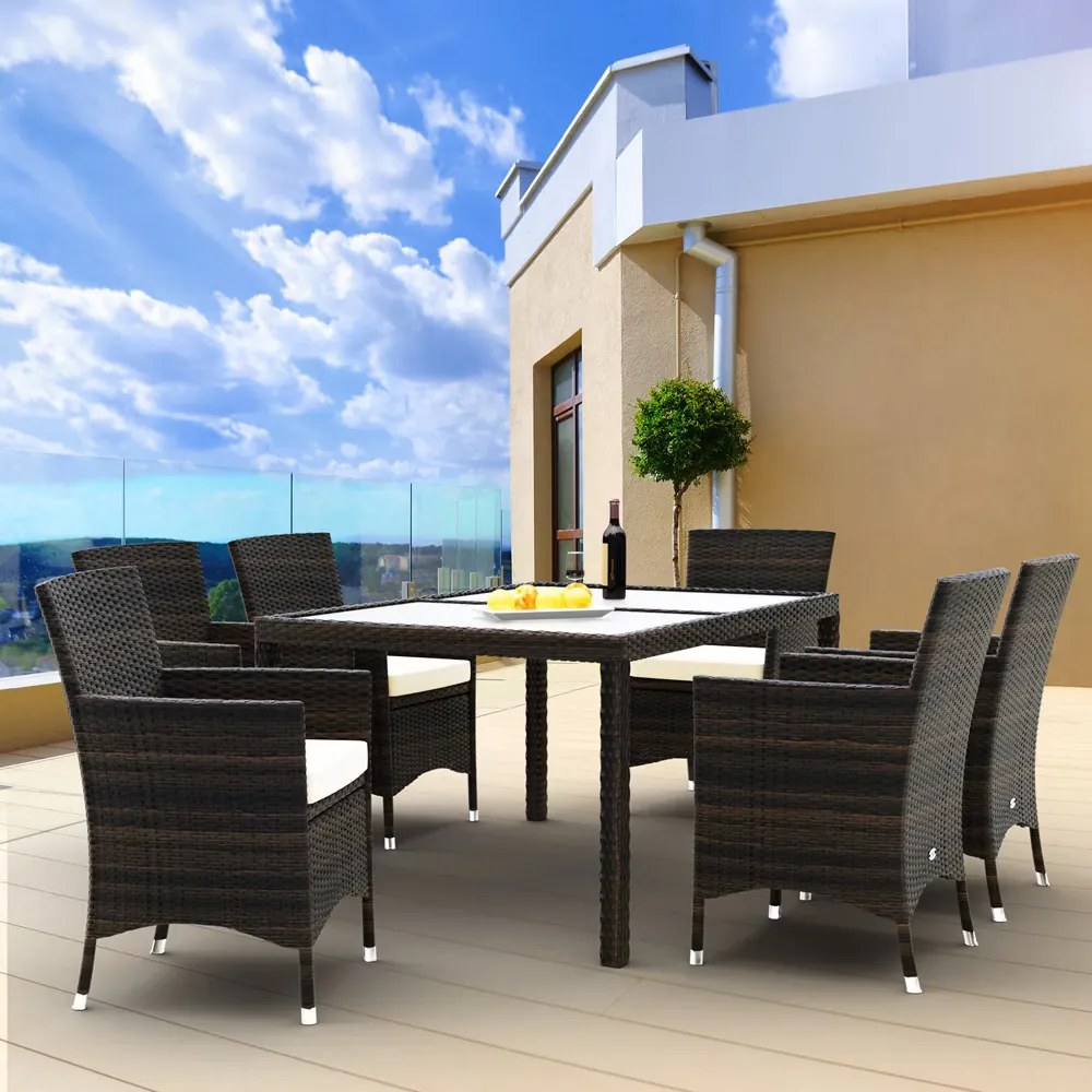 Casaria® Berlin 1+6 polyrattan kerti bútor szett - barna