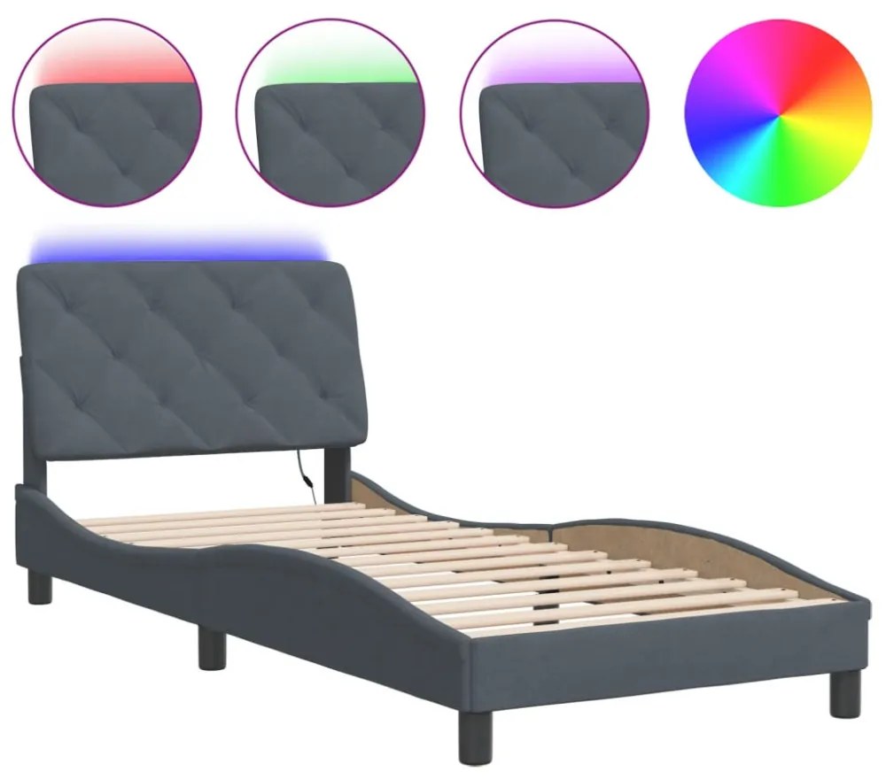 sötétszürke bársony ágykeret LED-ekkel matrac nélkül 90 x 200 cm