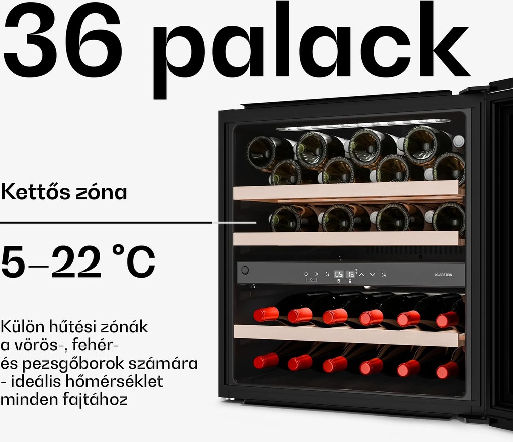 Klarstein Velaire beépíthető borhűtő, Modern, elegáns, UV-védelem, Kettős zóna, 36 palack