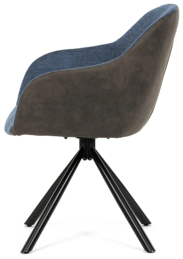 Scaun de sufragerie pivotant, țesătură albastră și țesătură gri închis, cu decor vintage din piele, metal negru, rotativ P90°+ L90° cu mecanism de retragere