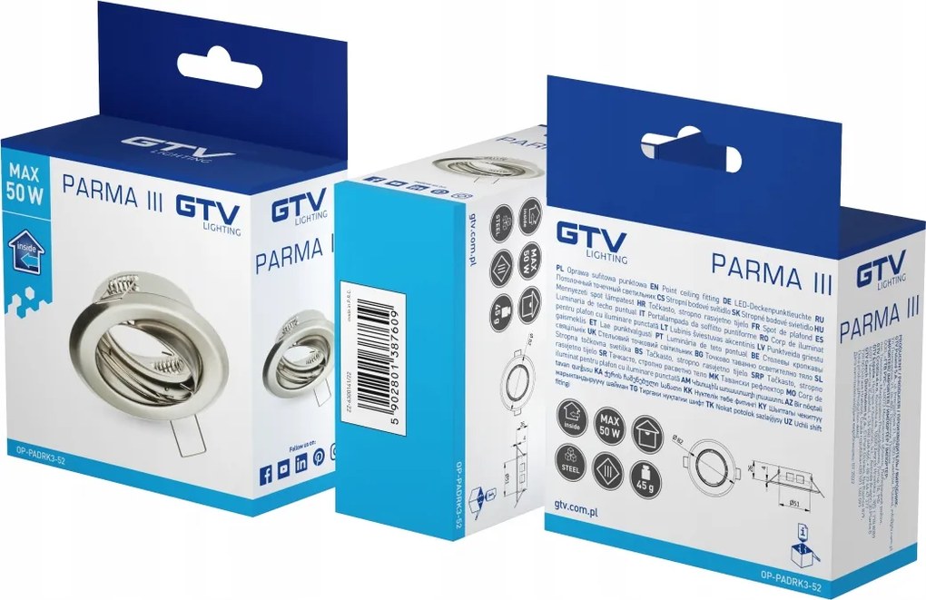 Parma III mennyezeti spot lámpatest, IP20, kerek, állítható dőlésszög, inox