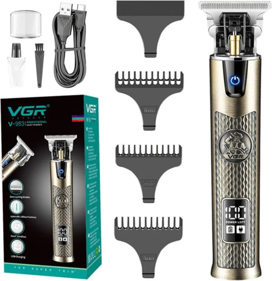 VGR V-983 Professzionális zezeték nélküli hajvágó és kontúrvágó – T-pengével, 0 mm vágás, 1500 mAh akkumulátor, 200 perc üzemidő