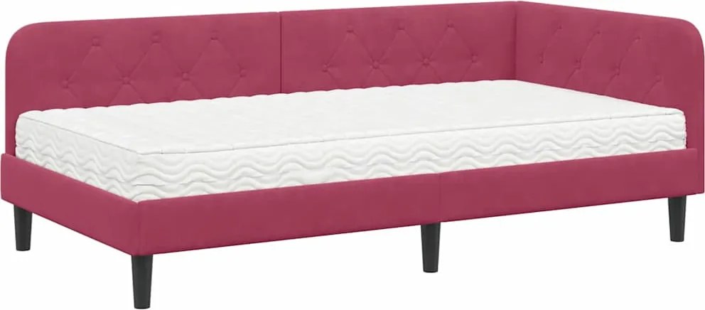 vidaXL Sarokágy keret matracmal fejtámlával Bordó 90 x 200 cm Bársony