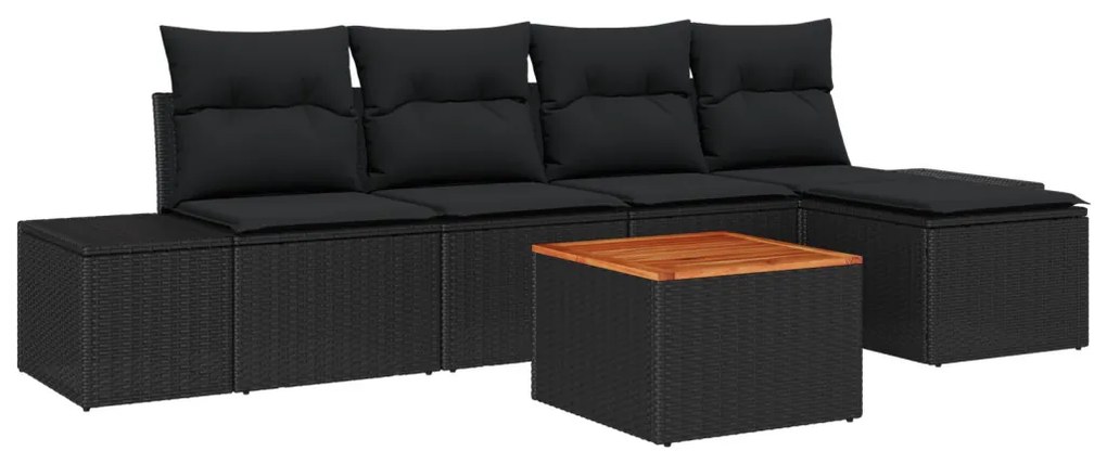 6 darabos Kerti Kanapé Szett Párnákkal, Fekete Poli Rattan Acacia