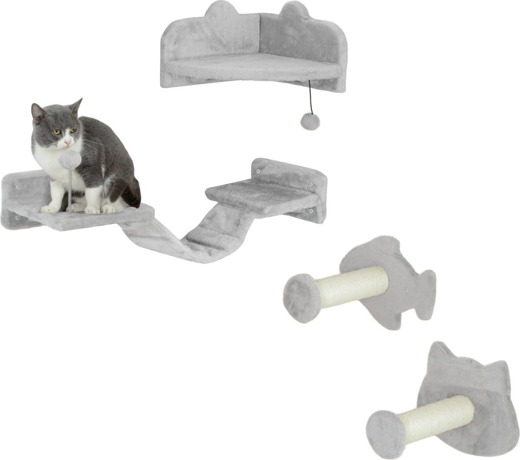 PawHut Macska Mászófal Készlet, 4 Részes Macska Bútor Lépésekkel, Létrával, Ugráló Tornyokkal, Kaparóoszlopokkal, Játékballal, Kókuszkötéllel, 5 kg-ig