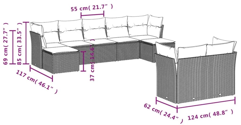 9-részes szürke polyrattan kerti ülőgarnitúra párnákkal