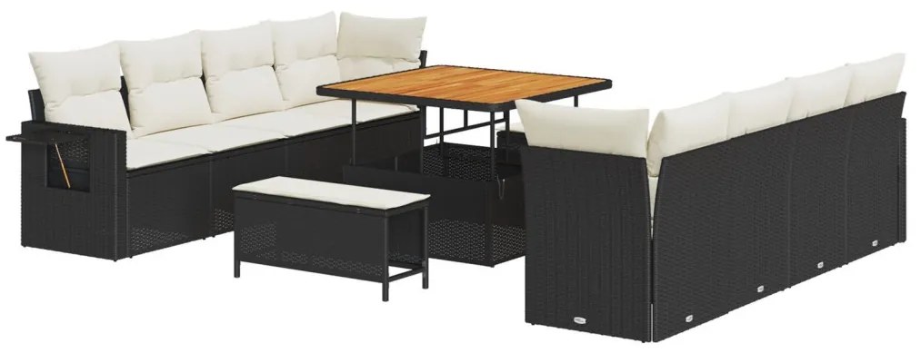 11 Részes Kert Sofa Szett Párnákkal Fekete Poli Rattan Akác, 3 Részes Kert Étkező Szett Párnákkal Fekete Poli Rattan Akác