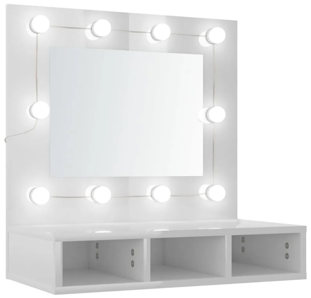 magasfényű fehér tükrös szekrény LED-ekkel 60 x 31,5 x 62 cm