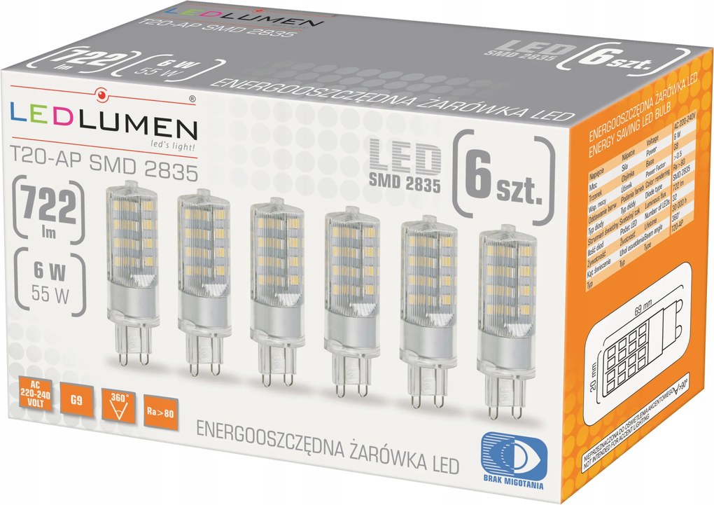 6 db-os Led izzó szett G9 6W=55W Smd 722lm 360° Halogén Erős Nincs villódzás