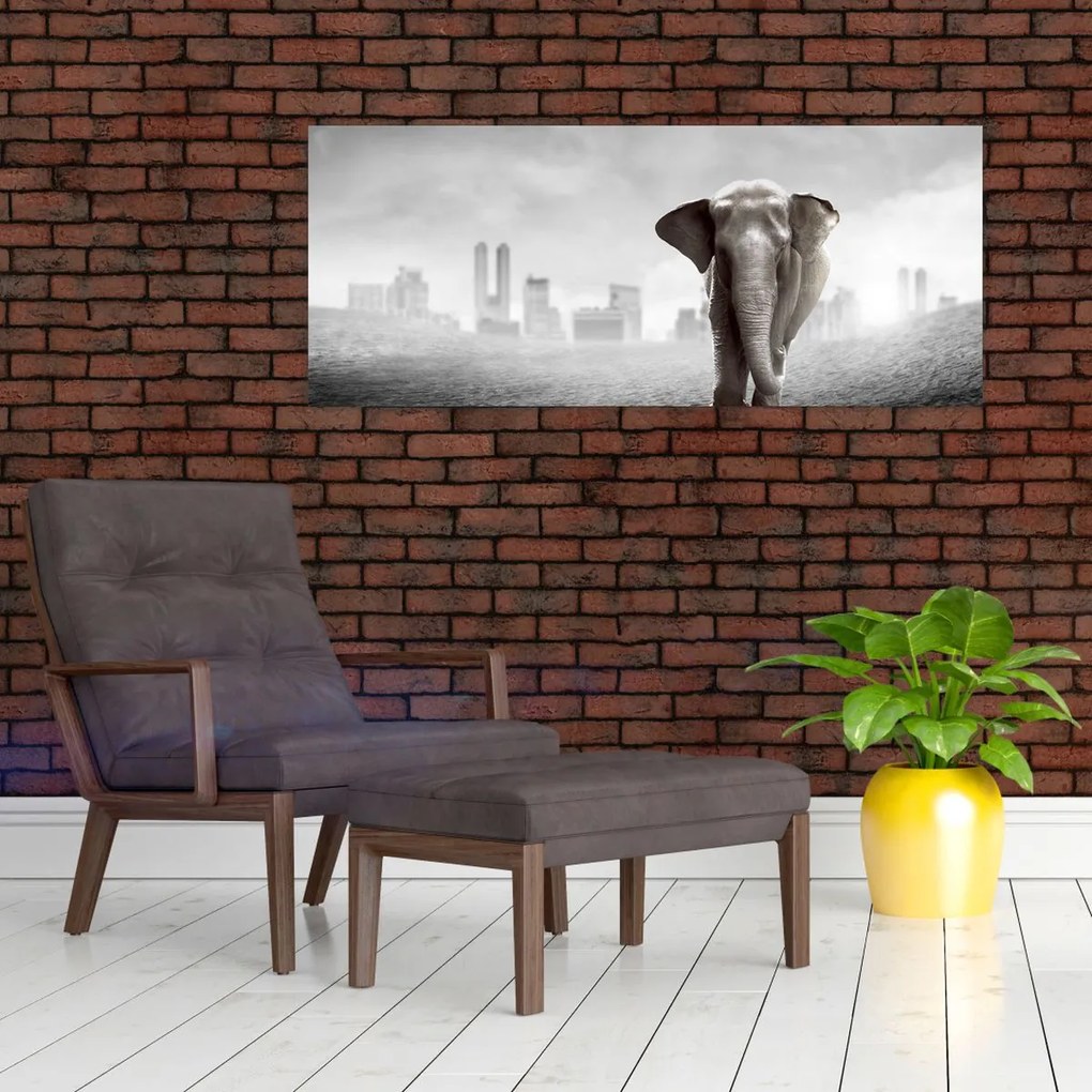 Kép -Elefánt egy nagyvárosban, fekete-fehér változat (120x50 cm)