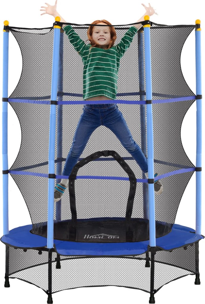 HOMCOM Gyerek Trambulin Ø140 cm, Trambulin Biztonsági Hálóval, Szegélyvédővel, Kerti Trambulin 3-10 Éves Gyermekeknek, 50 kg-ig, Kék | Aosom
