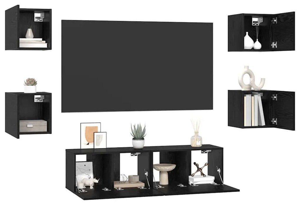 TV szekrény garnitúra Falra szerelhető 6 pcs Musta tammi