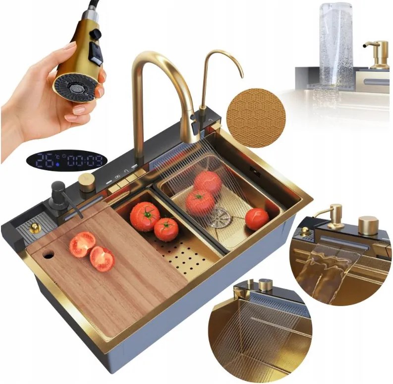 Acél mosogató Egymedencés mosogató Multifunkciós Kijelző Arany