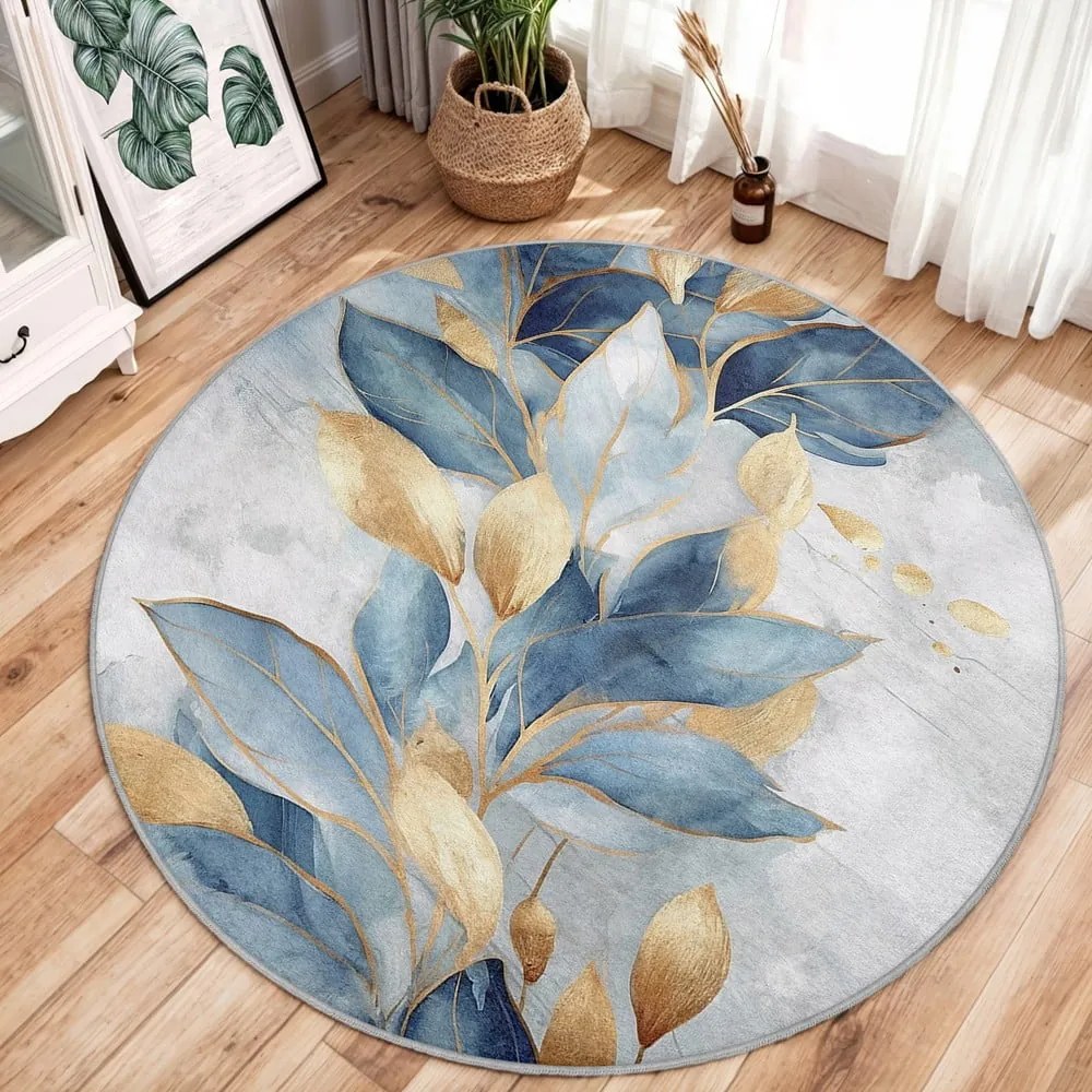 Kék-aranyszínű mosható kerek szőnyeg ø 120 cm Golden Leaves – Mila Home