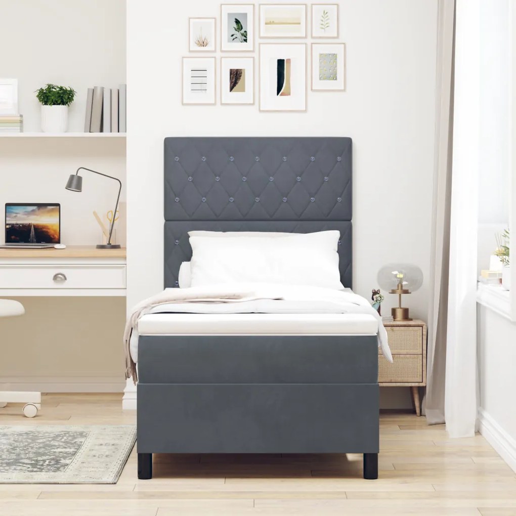 Boxspring Ágy Mattal Sötétszürke Egyszemélyes Bársonyos
