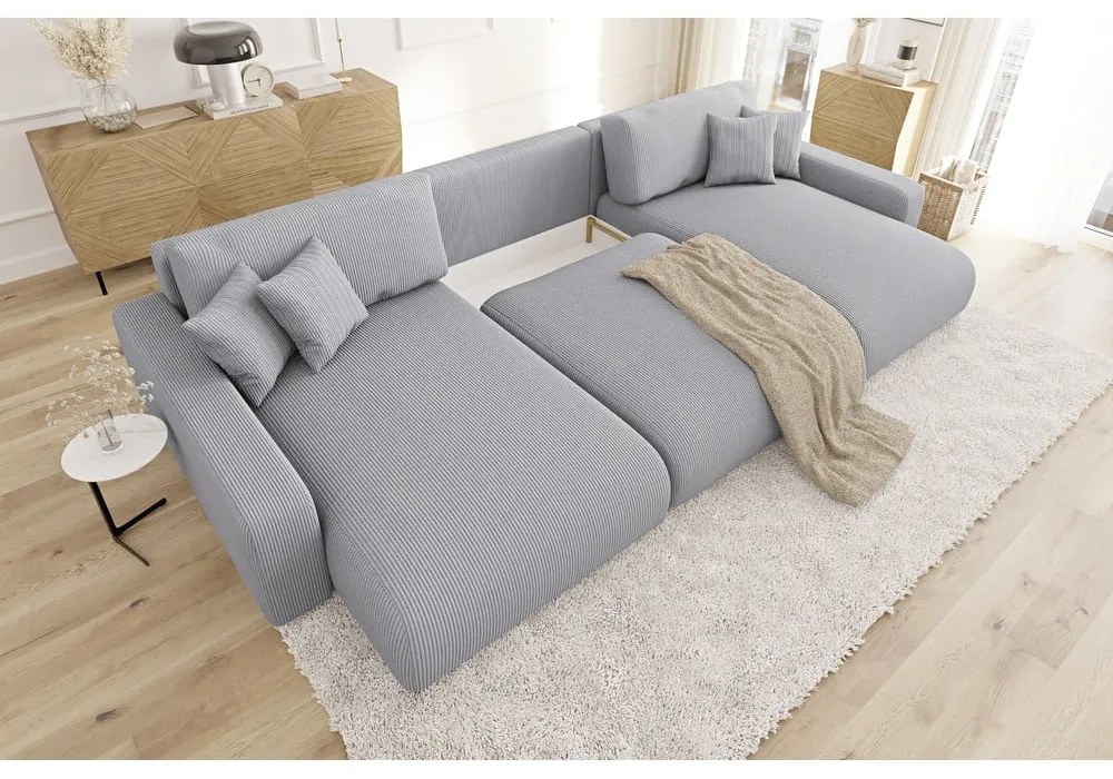 Világosszürke kordbársony kinyitható tárolóhelyes sarokkanapé Sara – Ropez