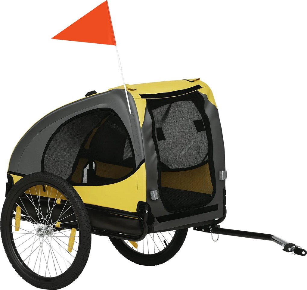 PawHut Összecsukható Kutya Trailer Biciklikhez, Gyorskioldó, Vízhatlan, Oxford Szövet, Acél, 140 x 71 x 83 cm, Sárga | Aosom