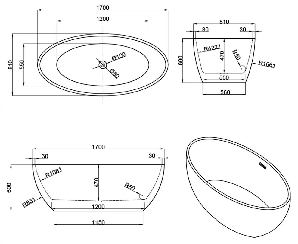 Kara szabadon álló fürdőkád 170x81x60 cm