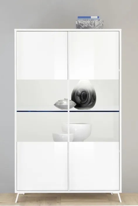 CITY Kétajtós vitrinszekrény, fehér, magasfényű lakkozott vázzal és előlapokkal