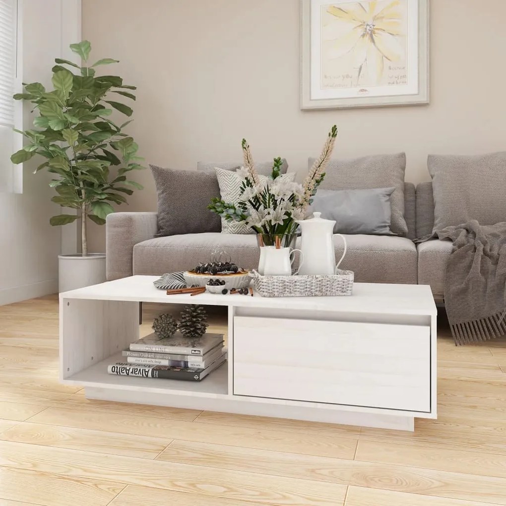 Fehér tömör fenyőfa dohányzóasztal 110 x 50 x 33,5 cm