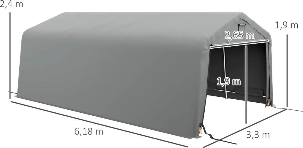 Outsunny Garázs Kocsibeálló Sátor 6.2L x 3.3W x 2.4H m Tartós Galvanizált Acél Magas Sűrűségű PE 150 g/m² Vízálló UV-ellenálló, Világosszürke 1 Ajtóva