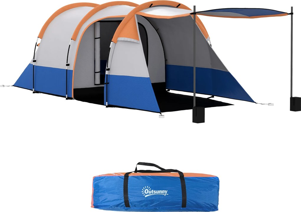 Outsunny Kempingtábori Sátor, Alagút Sátor 3 Személynek, Lámpafüggesztővel, Előtérrel, 2 Szobával, Szélálló Családi Sátor Hordtáskával, 2000 mm Vízhat