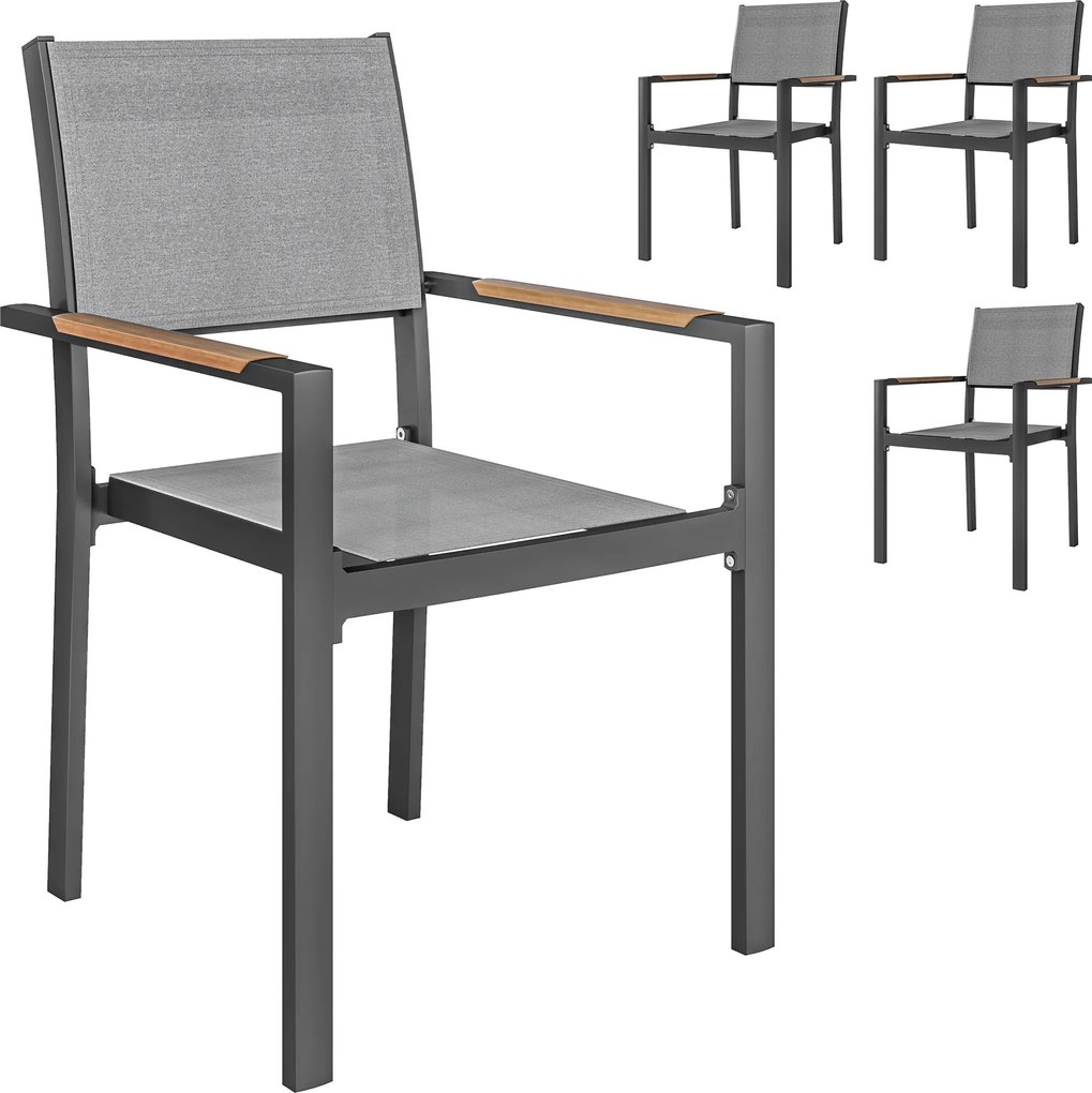 Outsunny 4 darabos kertiszék szett fa hatású karfákkal, alumínium vázas kültéri étkezőszék lélegző anyaggal erkélyhez, teraszhoz, világosszürke | Aoso