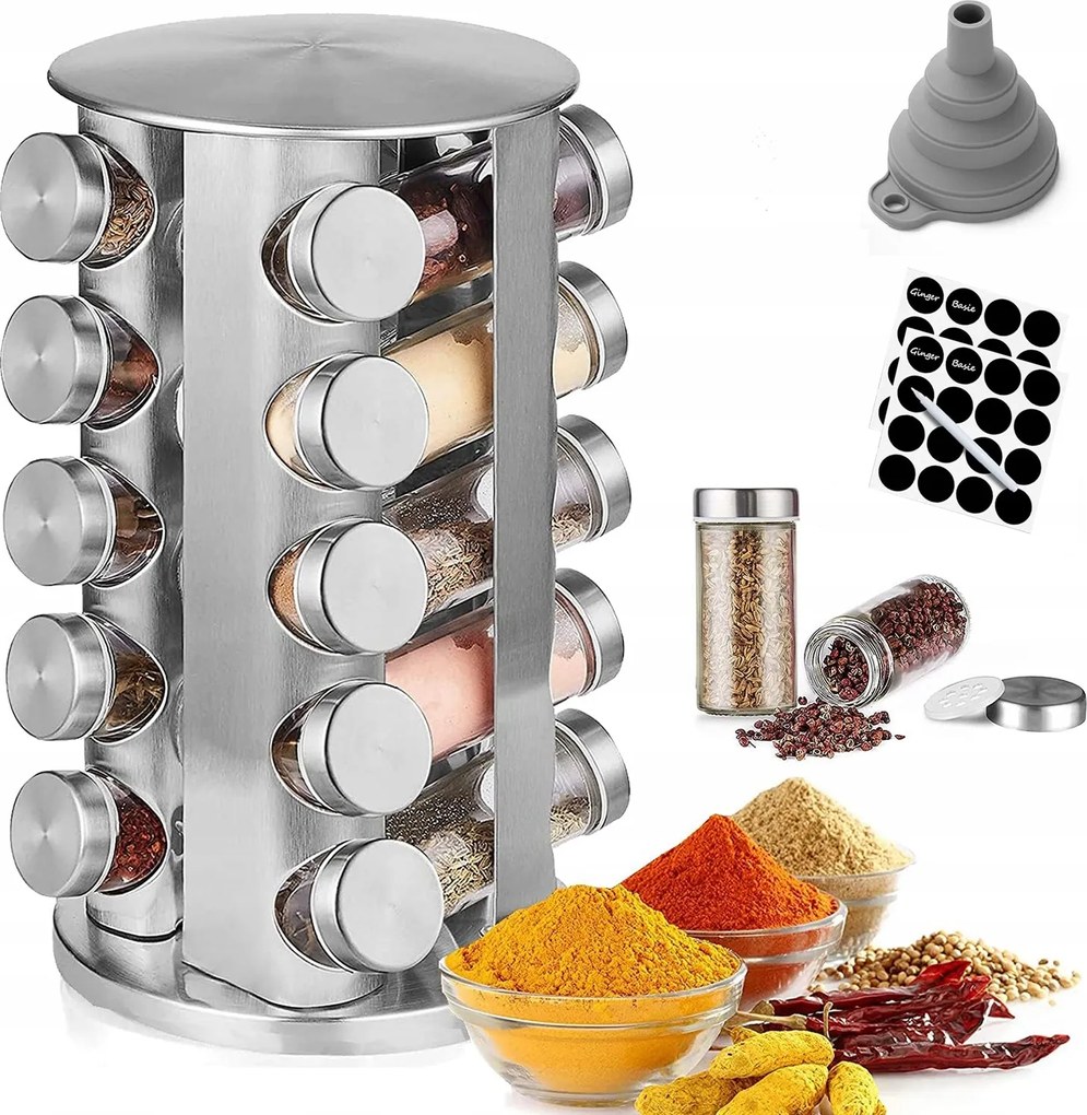 Fűszertartó Állvány 360° 20 Üveg Tégely Rozsdamentes Acél