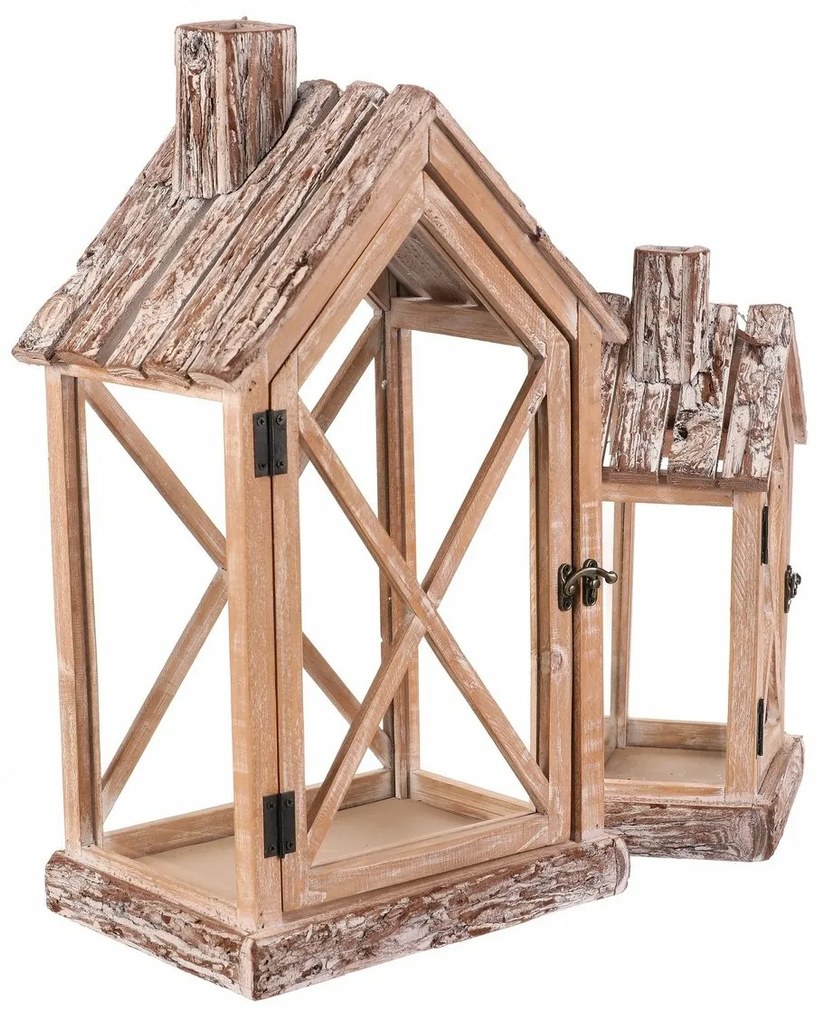 Két darab ház alakú fa lámpás szett