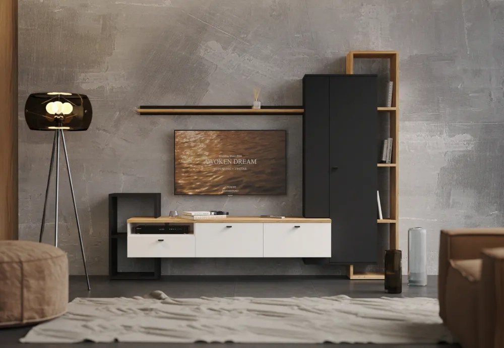 Nappali fal, fekete/fehér/arany craft tölgy, DENISO