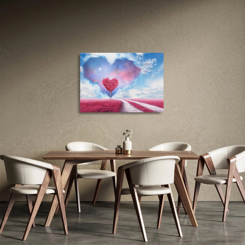 Üveg kép - Rózsaszín szív fa (70x50 cm)