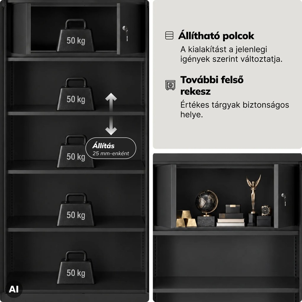 Fém iratszekrény belső rejtett rekesszel, fekete, 900x1850x450 mm: TOMASZ