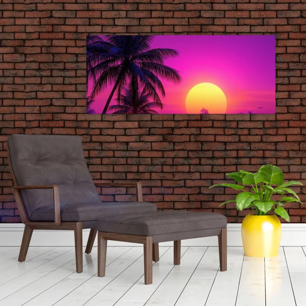 Kép - Lila naplemente pálmafával (120x50 cm)