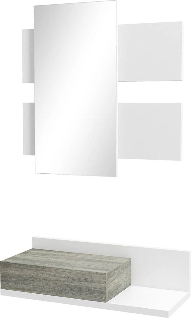 HOMCOM Előszobabútor Szett Fali Tükörrel és Fiókkal Modern Stílus 75x3.5x75 cm és 75x30.5x20 cm Fehér és Szürke | Aosom