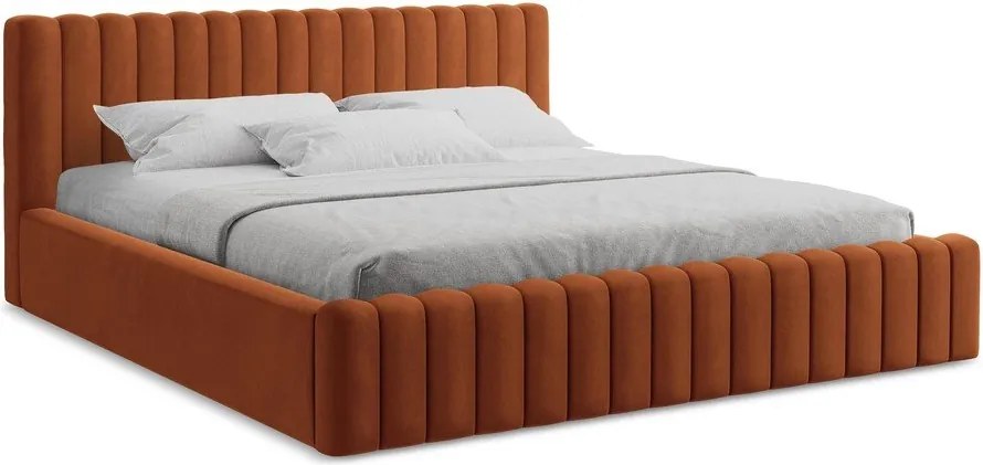 Terrakotta színű kárpitozott ágyneműtartós franciaágy ágyráccsal 180x200 cm Lemi – Makamii