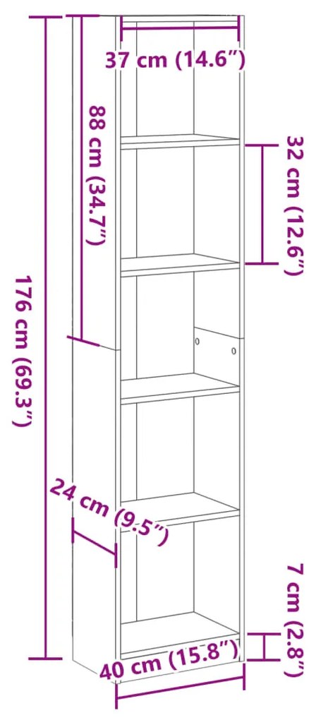 antik fa színű szerelt fa könyvespolc 40 x 24 x 176 cm